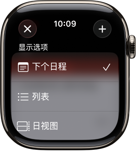 “日历”屏幕显示了“显示选项”：“下个日程”、“列表”和“日视图”。右上方为“添加”按钮。
