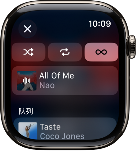 音轨列表窗口在顶部显示“随机播放”、“重复播放”和“自动播放”按钮，在正下方显示一个音轨。在底部附近，另一个音轨显示在“待播清单”下方。左上方是“关闭”按钮。