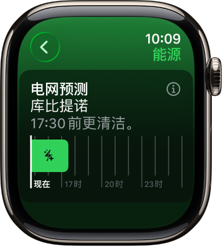 “电网预测”屏幕显示更清洁能源在下午 5:30 前可用。