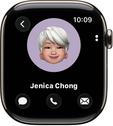 显示联系人的“通讯录” App。联系人的图片位于屏幕中间，下方是名字。再下方是“电话”、“信息”和“更多选项”按钮。左上方为“返回”按钮。