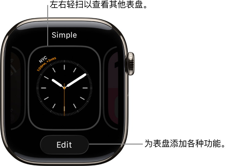 表盘显示“共享”和“编辑”按钮,在你按住表盘后出现。顶部是表盘名称。左右轻扫来查看其他表盘选项。轻点复杂功能以添加想要的功能。