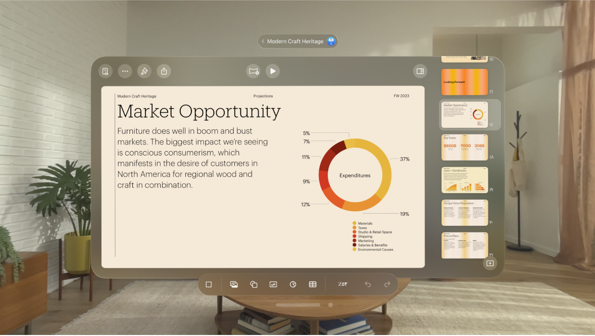 تطبيق Keynote على Apple Vision Pro، يعرض مخطط به وسيلة إيضاح.