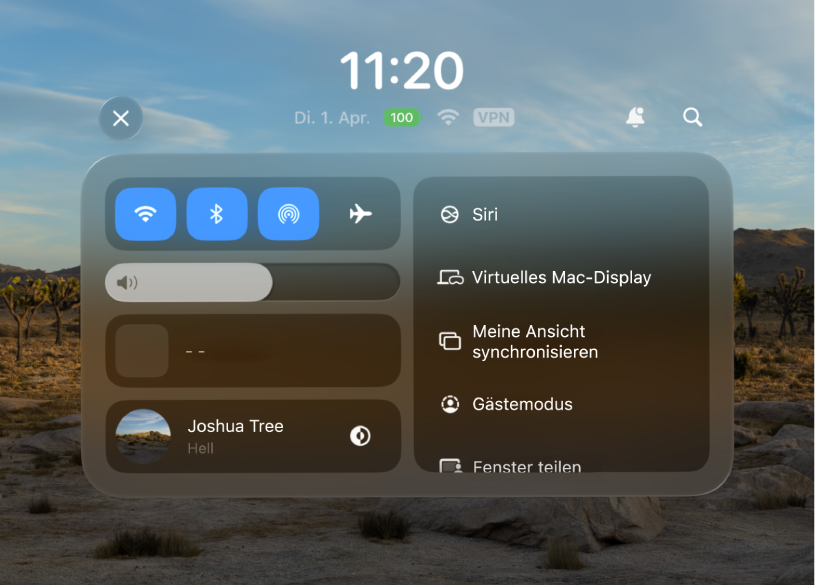 Das Kontrollzentrum oben in der Ansicht mit Optionen zum Aktivieren oder Deaktivieren von WLAN und Bluetooth, zum Anpassen der Lautstärke, zum Anpassen deiner Umgebung und mehr. Über dem Kontrollzentrum werden das Datum, die Uhrzeit und der Batterieladezustand angezeigt.