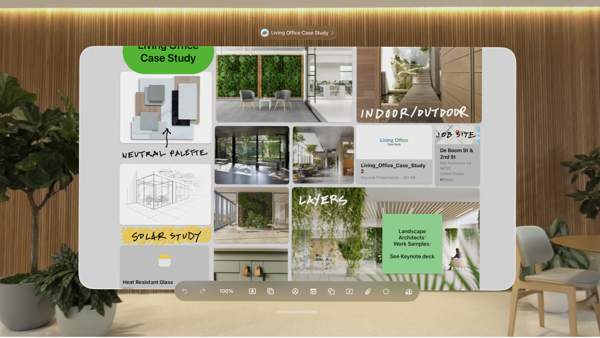 The Freeform app on Apple Vision Pro, showing an open board with the toolbar at the bottom.