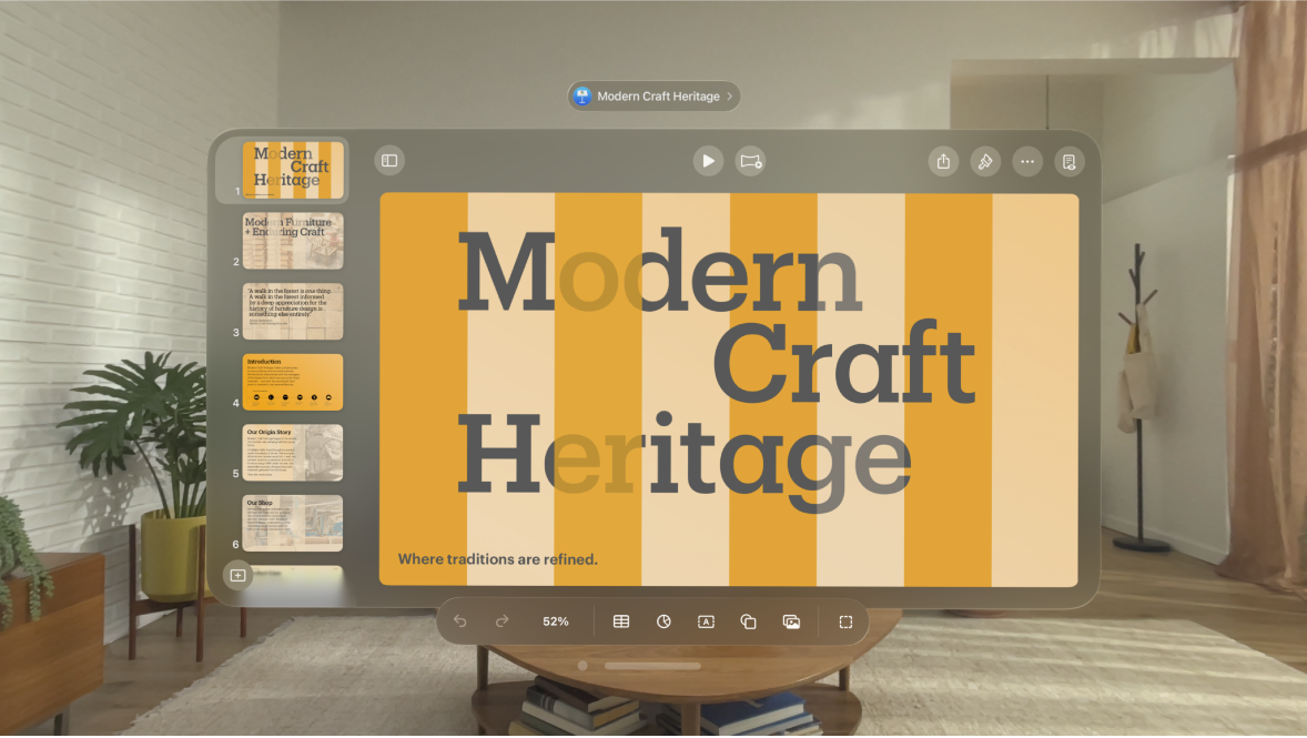 The Keynote app on Apple Vision Pro, showing the presentation in editing view, with the Reading View button in the top-right corner.
