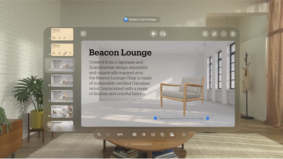 The Keynote app on Apple Vision Pro, showing an object with a caption below it.