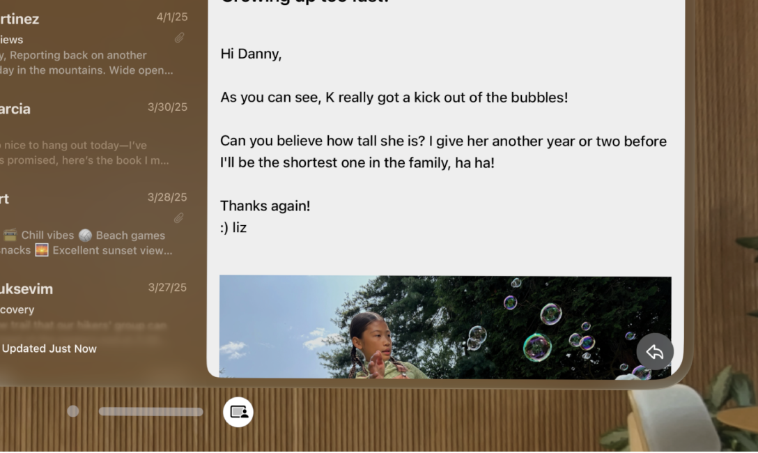 The Mail app on Apple Vision Pro with the Share Window button highlighted under the app window.