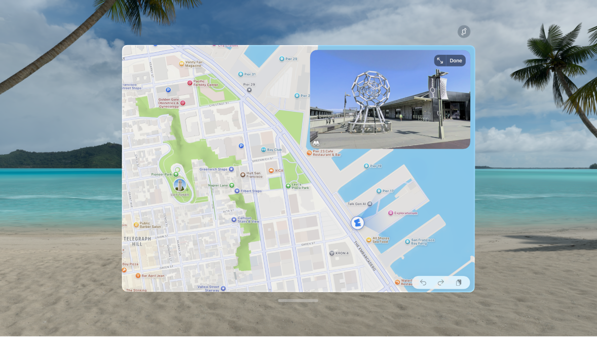 The Maps app on Apple Vision Pro, showing a place in Look Around.