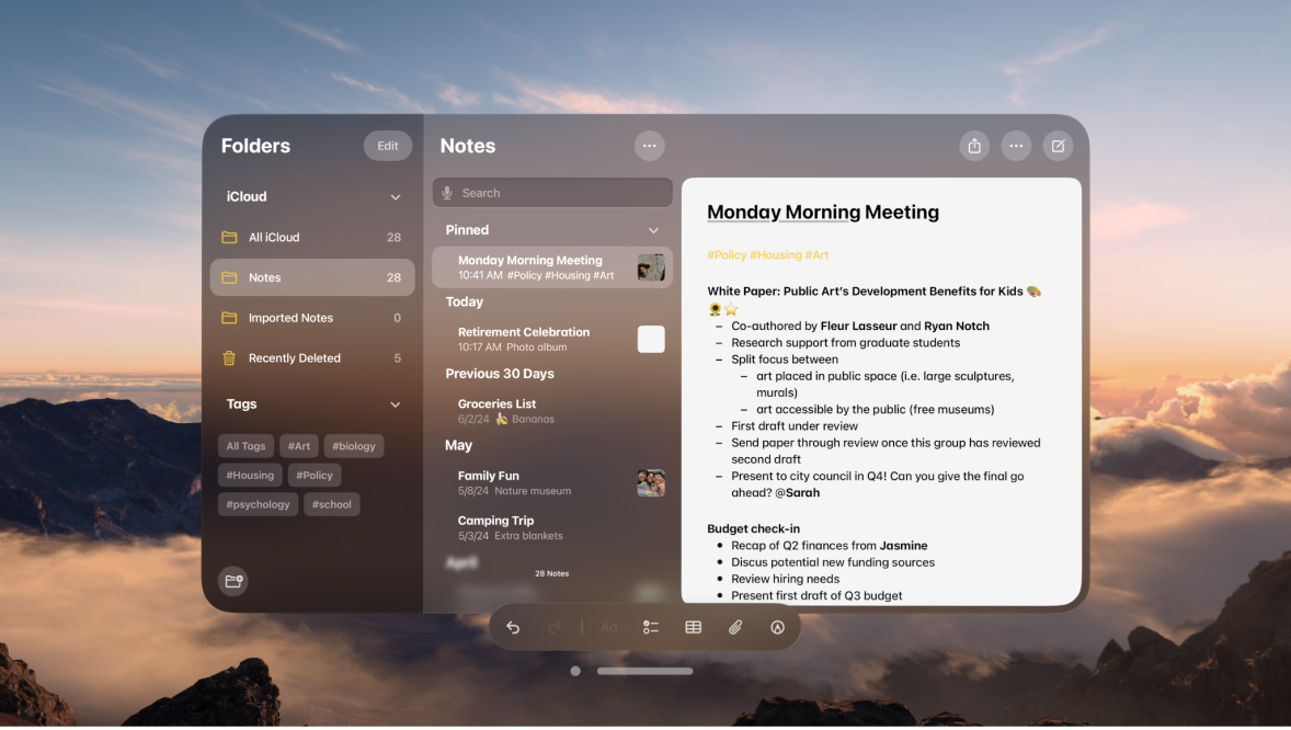 A user’s view on Apple Vision Pro. An app window is visible, and an Environment is showing in the background.