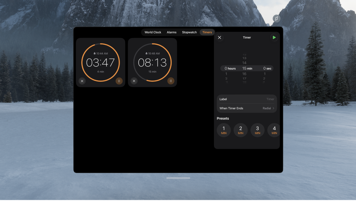 The Clock app on Apple Vision Pro, showing multiple timers running.