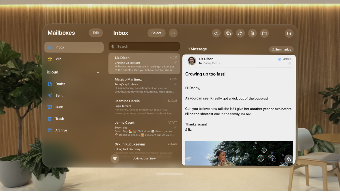 The Mail app on Apple Vision Pro, showing an open email in the inbox.