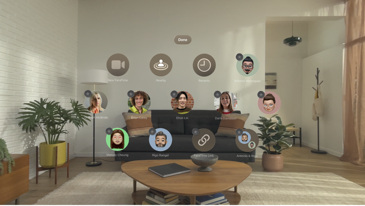 People View on Apple Vision Pro. Gray star icons are visible on the corner of each contact to show that they can be pinned to the top of People View.