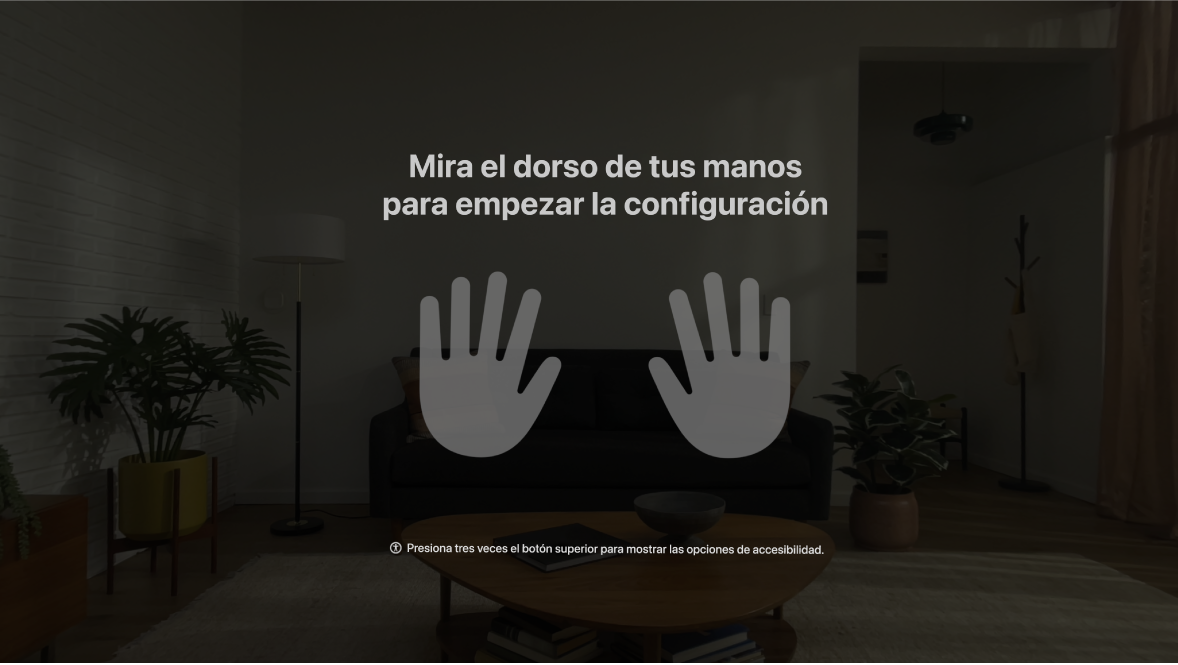La configuración de manos en el Apple Vision Pro indicándole al usuario que mire sus manos.