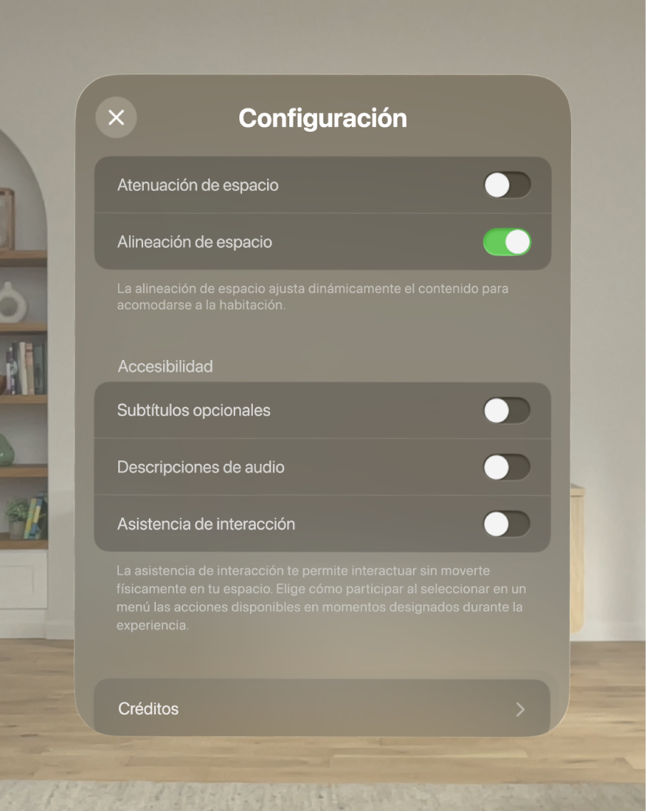 La configuración de Encuentro con dinosaurios con opciones para ajustar la atenuación de espacio y la alineación, así como para activar los subtítulos, las descripciones de audio y la asistencia de interacción.