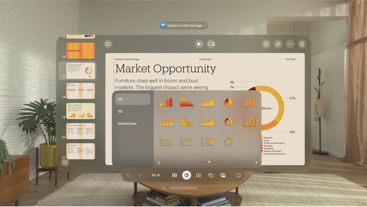 La app Keynote en el Apple Vision Pro mostrando el menú para agregar una gráfica en la barra de herramientas.