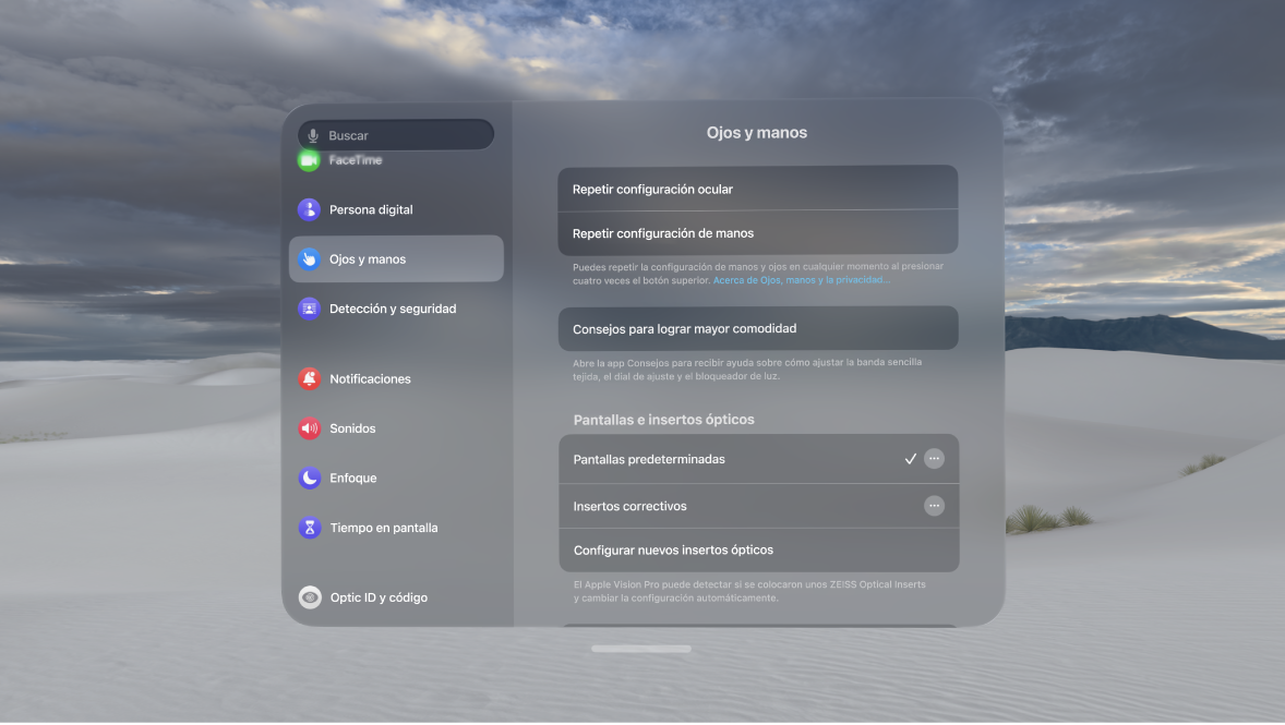 La configuración de ojos y manos con opciones para repetir la configuración, cambiar el control con manos y más.
