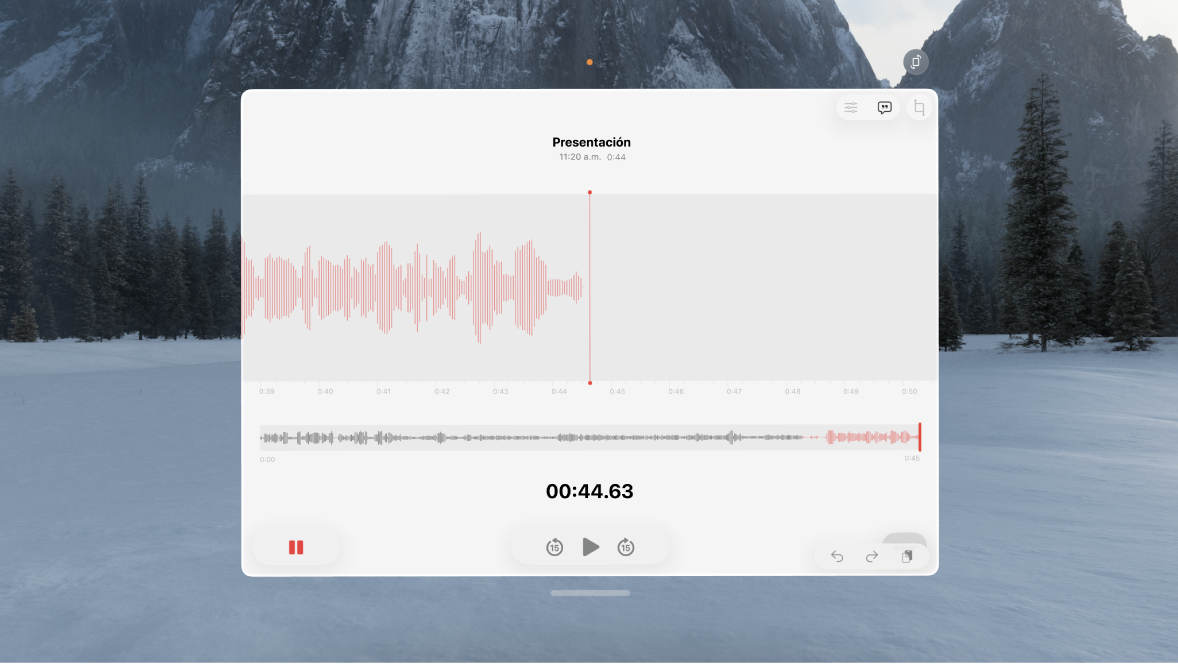 La app Notas de Voz en el Apple Vision Pro mostrando una pantalla de grabación.