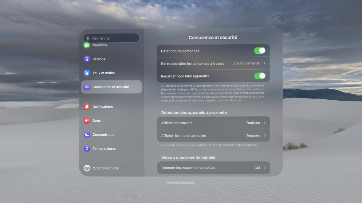 Réglages de la détection des personnes sur Apple Vision Pro, où il est possible d’activer ou de désactiver cette option, de modifier le moment où les personnes sont affichées, d’activer ou de désactiver l’option Regarder pour faire apparaître et de supprimer votre EyeSight personnalisé.