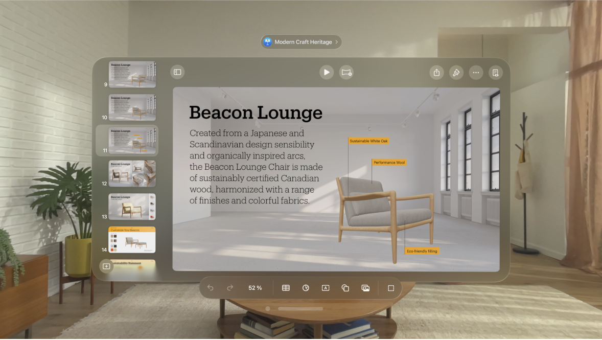 L’app Keynote sur l’Apple Vision Pro, montrant une présentation ouverte en mode Édition avec la barre d’outils visible en bas.