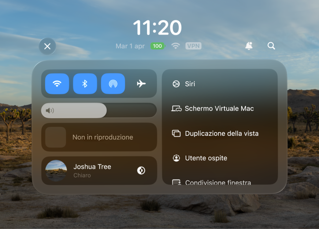 Centro di Controllo su Apple Vision Pro con il pulsante Siri visibile sulla destra.