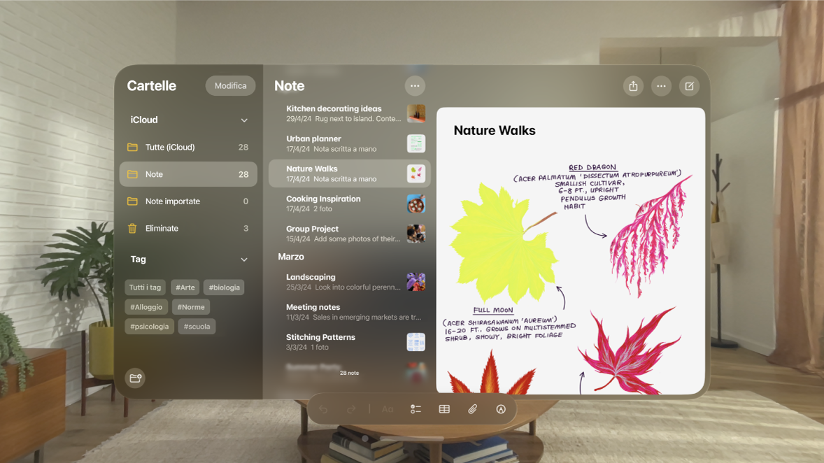 L’app Note su Apple Vision Pro che mostra una nota aperta e la barra strumenti in basso, con opzioni per elenchi di controllo, tabelle, foto e disegni.