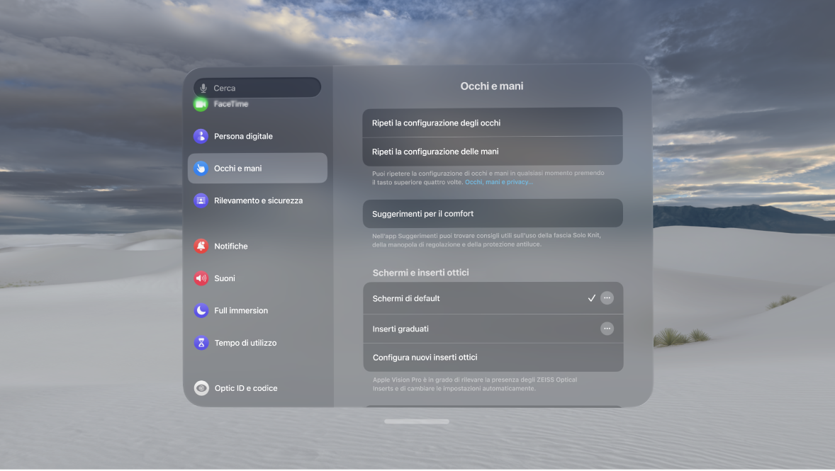 Impostazioni “Occhi e mani”, con opzioni per ripetere la configurazione di occhi e mani, modificare le impostazioni “Input mani” e altro ancora.