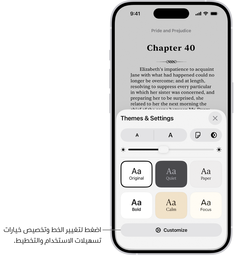 صفحة من كتاب في تطبيق الكتب. خيارات السمات والإعدادات تعرض عناصر التحكم في حجم الخط وطريقة عرض التمرير ونمط قلب الصفحة والسطوع وأنماط الخط.