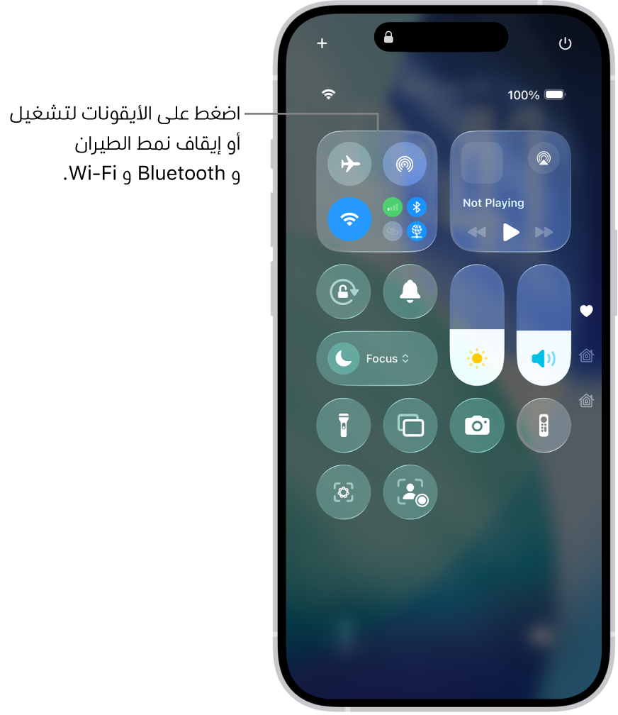 شاشة مركز التحكم يظهر بها أن الضغط على الزر الموجود في الجزء العلوي الأيمن يؤدي إلى تشغيل نمط الطيران.