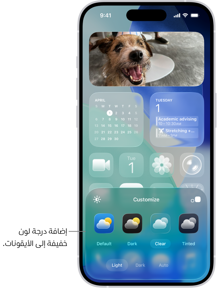 شاشة رئيسية مخصصة تظهر بها أيقونات ملونة بلون أزرق خفيف ومرتبة لتشكيل إطار على الصورة، وعناصر تحكم في الجزء السفلي من الشاشة لتخصيص الأيقونات. الخيارات تتضمن أزرار تلقائي وداكن وفاتح ومظللة، وخيارات لاختيار اللون والتشبع، وزري صغير وكبير لتعيين حجم الأيقونة.