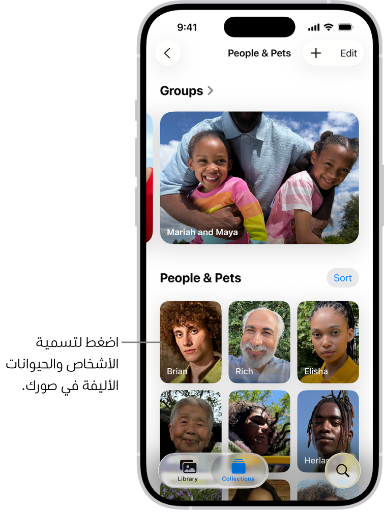 مجموعة الأشخاص والحيوانات الأليفة في تطبيق الصور. المجموعات تظهر في الجزء العلوي والأشخاص والحيوانات الأليفة مدرجة أدناه.