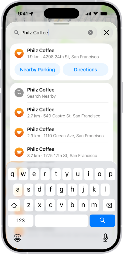 ম্যাপ অ্যাপের সার্চ ফিল্ডে একটি লোকেশন লেখা রয়েছে এবং ফলাফলগুলি নিচে তালিকাভুক্ত করা হয়েছে।