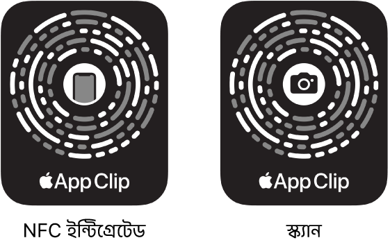 বামদিকে, মাঝখানে iPhone আইকনসহ একটি NFC ইন্টিগ্রেটেড অ্যাপ ক্লিপ কোড রয়েছে। ডানদিকে, মাঝখানে ক্যামেরা আইকনসহ শুধুমাত্র স্ক্যান করার জন্য একটি অ্যাপ ক্লিপ কোড রয়েছে।