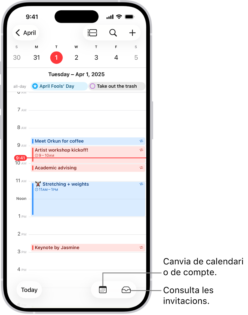 Calendari en vista diària on es mostren els esdeveniments del dia. Els botons del calendari es mostren al centre de la part inferior de la pantalla i el botó “Bústia d’entrada” apareix a la dreta de la part inferior.