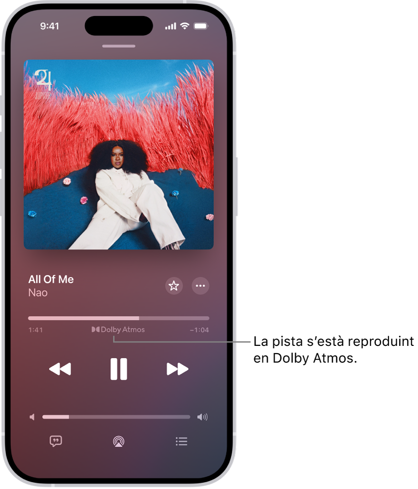 Pantalla “Ara sona” que mostra la icona “Dolby Atmos” a la pista que s’està reproduint.