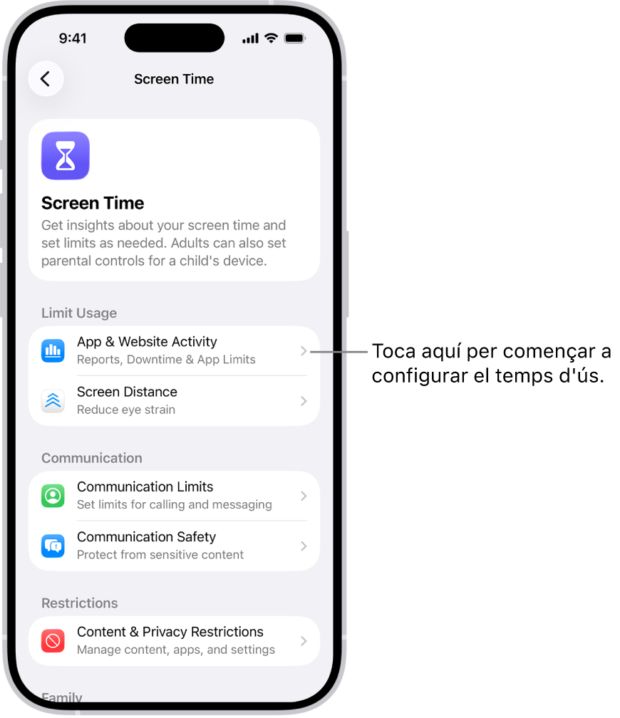 Pantalla de configuració del temps d’ús en què es mostra que cal tocar “Activitat a les apps i als llocs web” per començar.