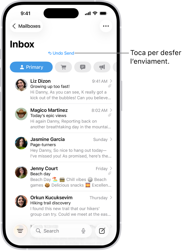 La bústia d’entrada amb una llista de missatges. El botó “Desfés l’enviament” (per retornar un missatge enviat recentment), es troba a la part inferior central de la pantalla.