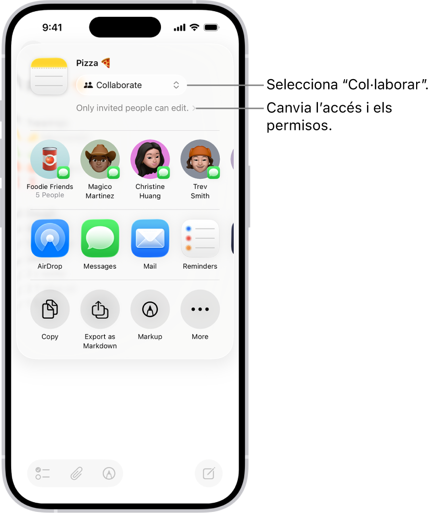 Una invitació de col·laboració a una recepta de l’app Notes, que mostra l’opció “Col·labora” com a opció per compartir i “Només qui convidis podrà editar-ho” com a configuració d’accés i de permisos. A sota, quatre destinataris possibles formen una fila, inclòs un grup. A la fila següent s’ofereixen maneres diferents de compartir la nota: l’AirDrop i les apps Missatges, Mail i Recordatoris.