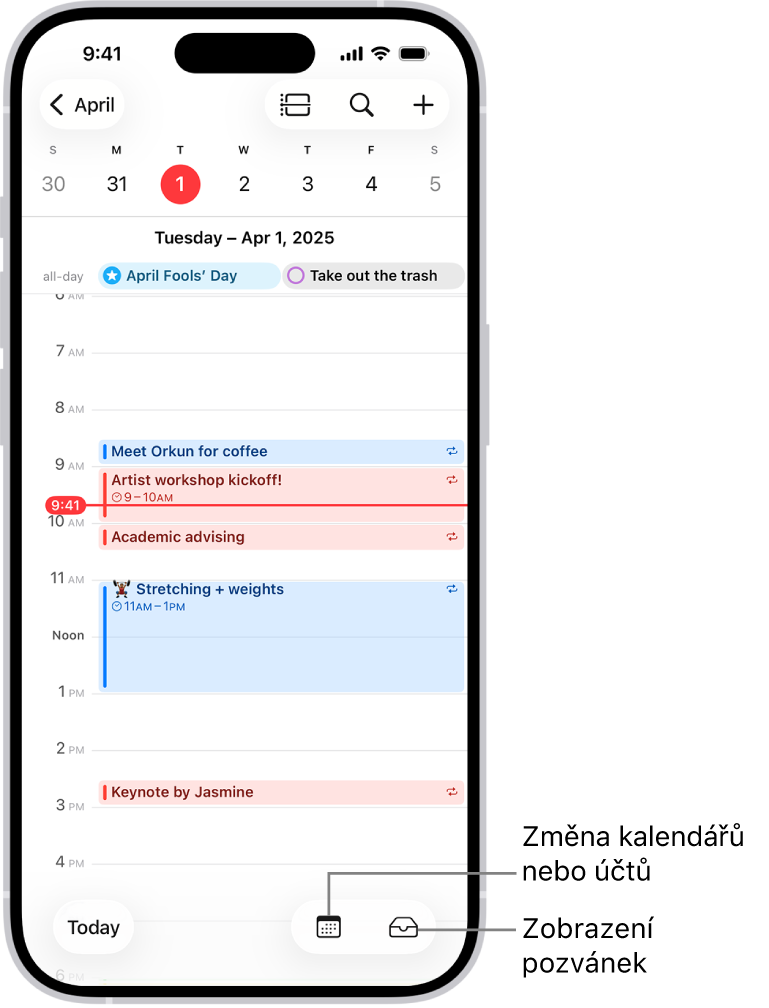 Kalendář v zobrazení Den s denními událostmi. Uprostřed dolního okraje obrazovky se nachází tlačítko Kalendáře a vpravo dole tlačítko Příchozí.