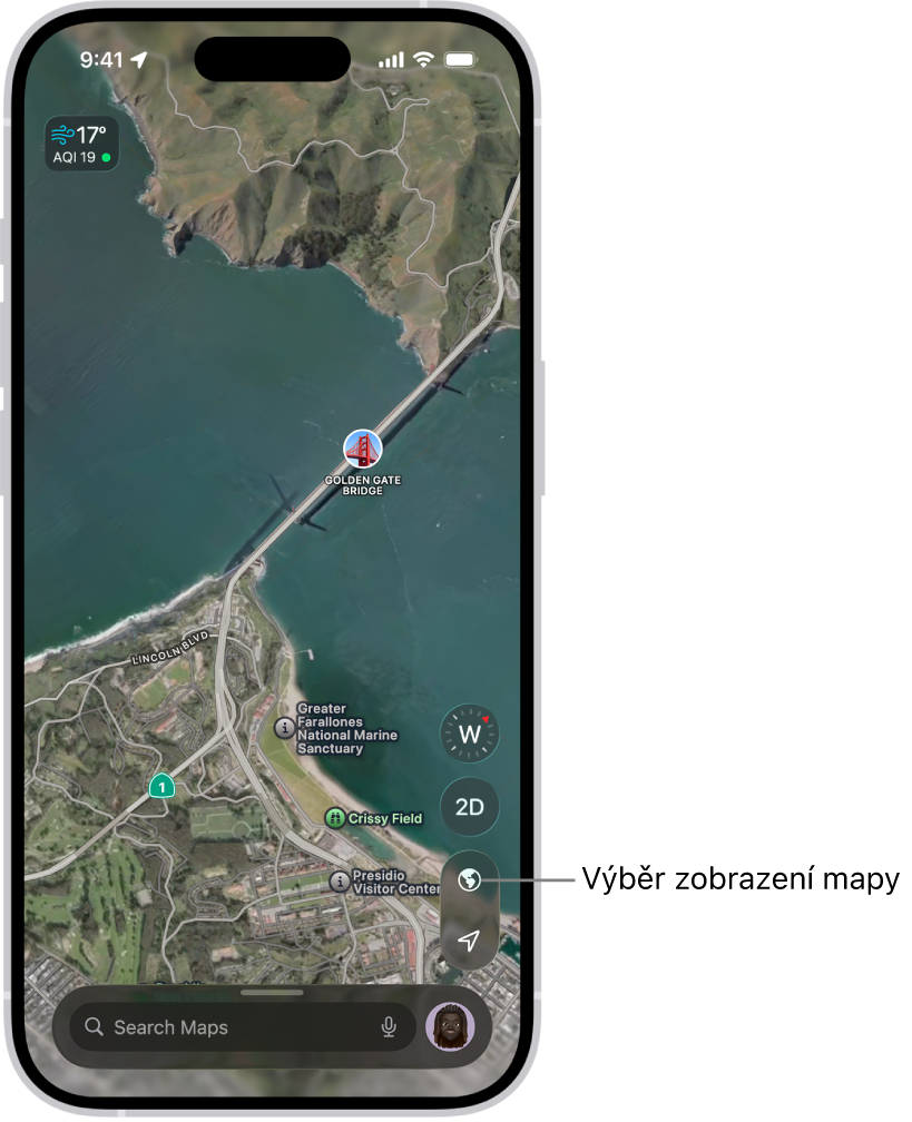 3D zobrazení plánu města a parku se stromy, zájmovými body a místy, například veřejnými toaletami