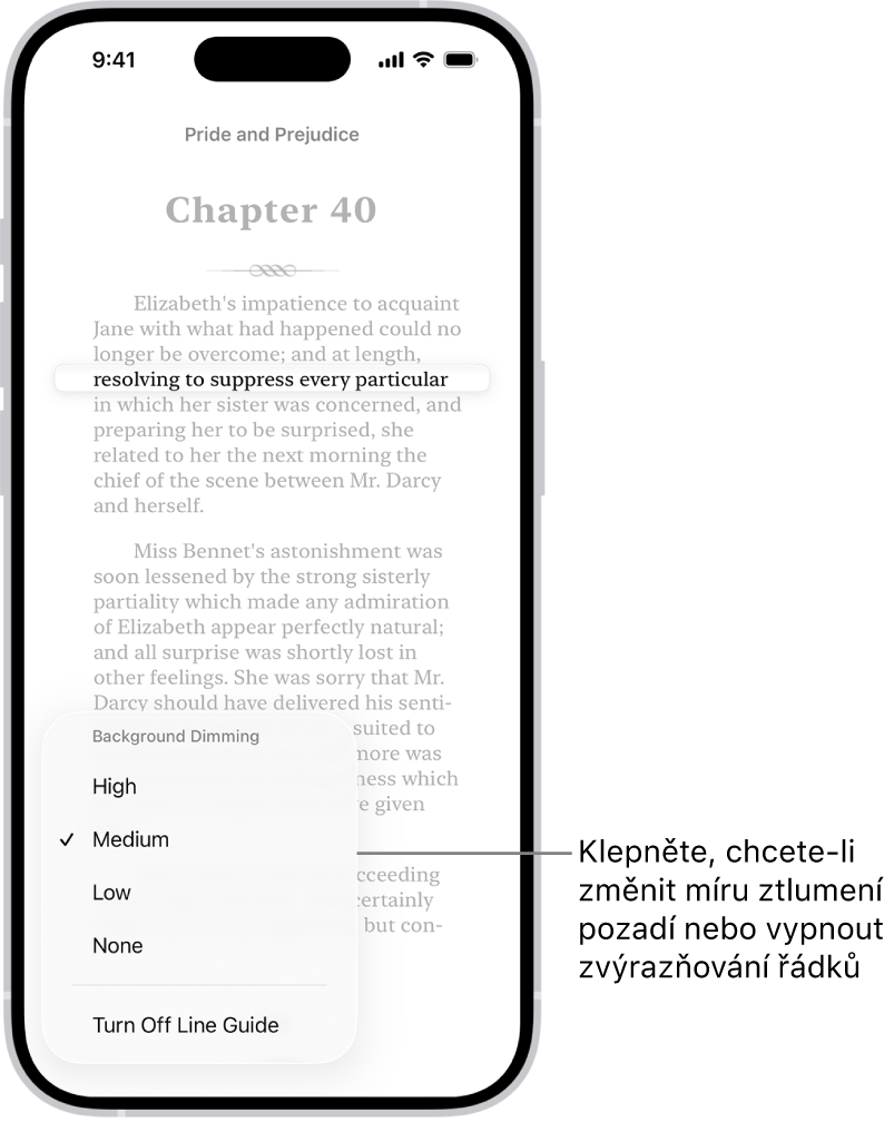 Stránka knihy v aplikaci Knihy. Jeden řádek textu je zvýrazněný a zbytek stránky je tmavý. V levém dolním rohu obrazovky je vidět tlačítko nabídky Zvýrazňování řádků.