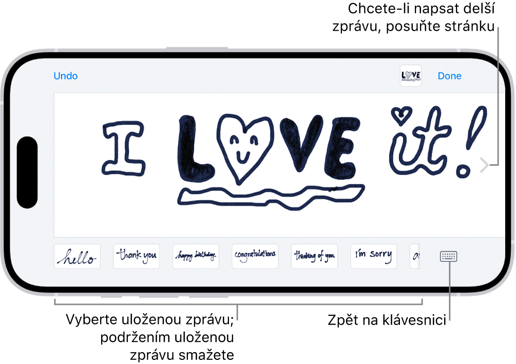 Plátno pro ruční psaní zpráv. Dole jsou zleva doprava rozmístěny uložené rukopisné položky a tlačítko Klávesnice.