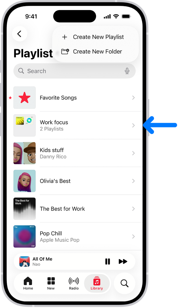 Fanen Bibliotek, der viser en liste over playlister. Øverst vises knapper til at oprette en ny playliste eller ny mappe. En blå pil peger på en mappe med playlister med navnet Arbejdsfokus.