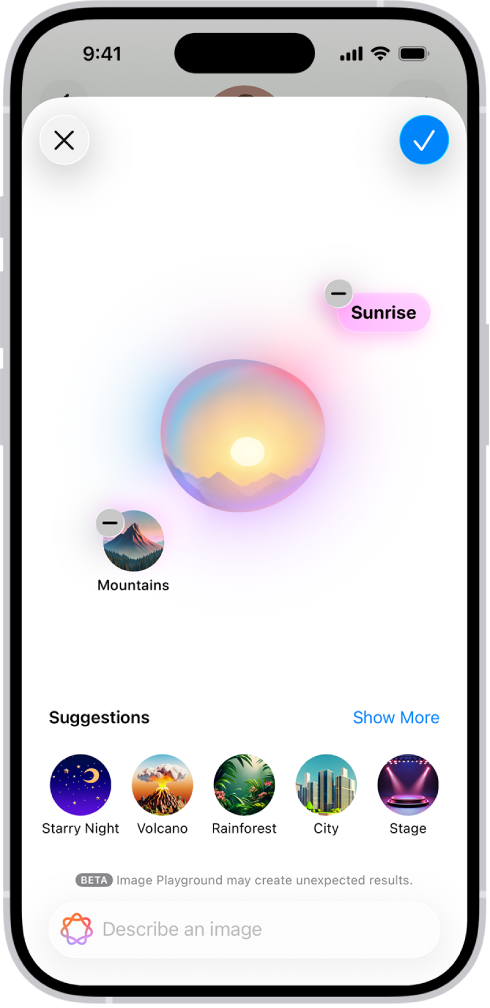 Vinduet Image Playground i appen Beskeder viser en oprettet baggrund.