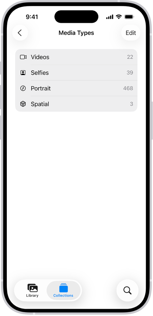 In der App „Fotos“ ist die Sammlung „Medienarten“ geöffnet und zeigt eine Liste mit Sammlungen von Fotos an.