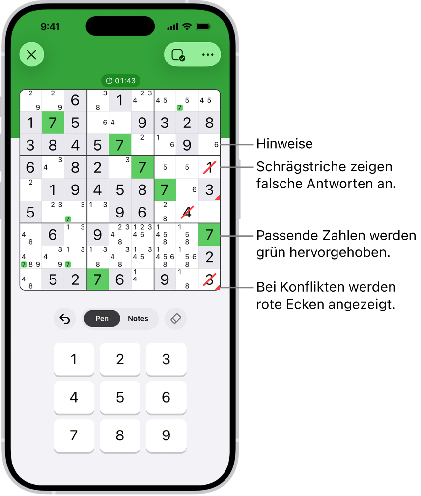 Ein Sudoku-Rätsel mit mehreren aktivierten Funktionen: „Notes“, „Highlight Matching Numbers“, „Show Conflicts“ und „Autocheck“.