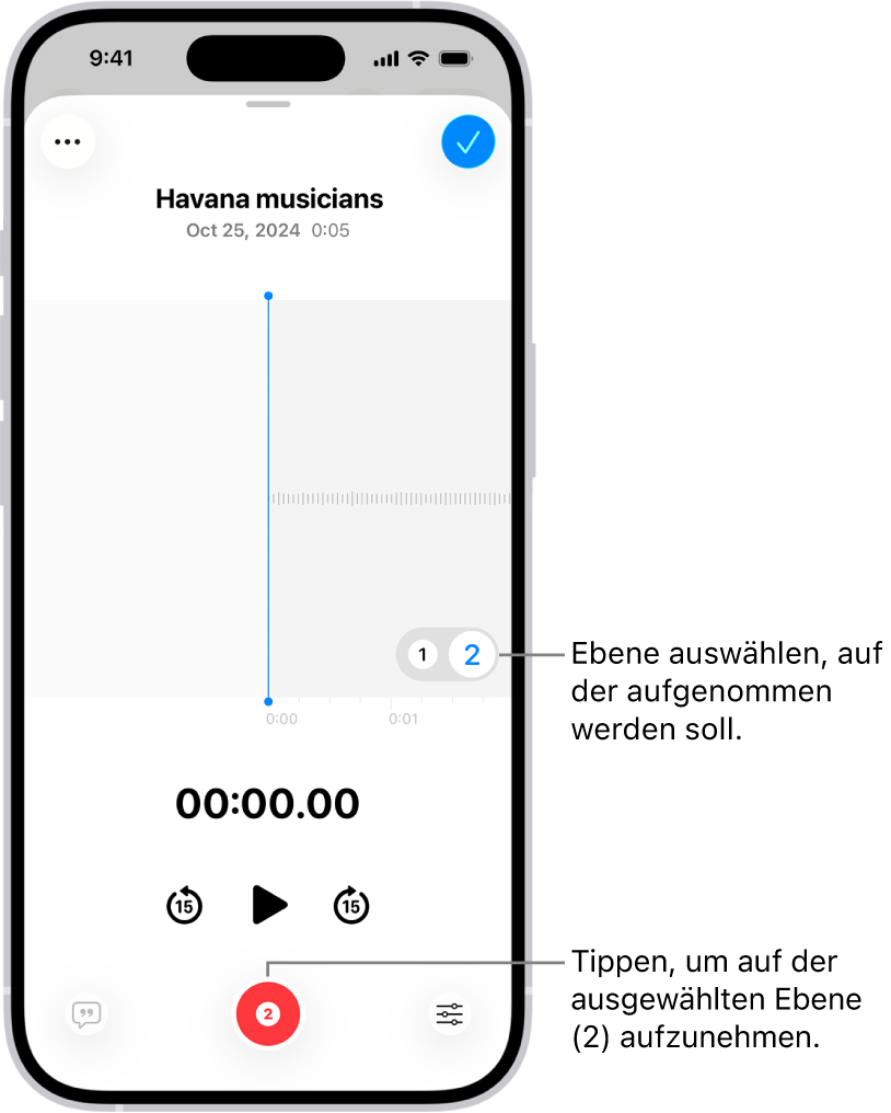 Der Bildschirm für die Aufnahme einer zweiten Ebene in „Sprachmemos“.