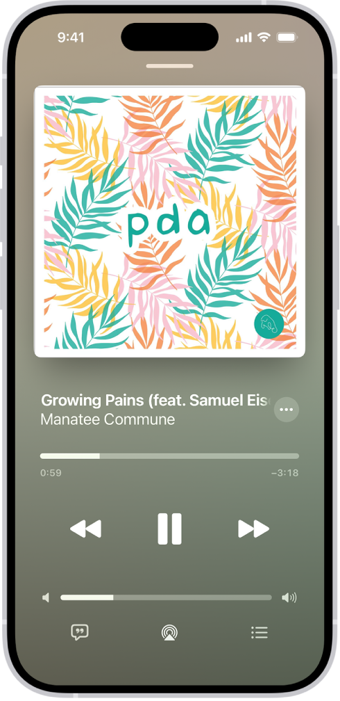 Der Sperrbildschirm mit einem Albumcover und den Steuerelementen für Musik, die auf einem anderen Gerät wiedergegeben wird.