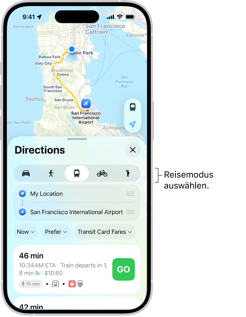 Eine Karte zeigt mehrere Routenoptionen zwischen zwei Standorten sowie Tasten zum Auswählen einer anderen Fortbewegungsart, Vertauschen von Start und Ziel, und der Routenanzeige in Schritten.