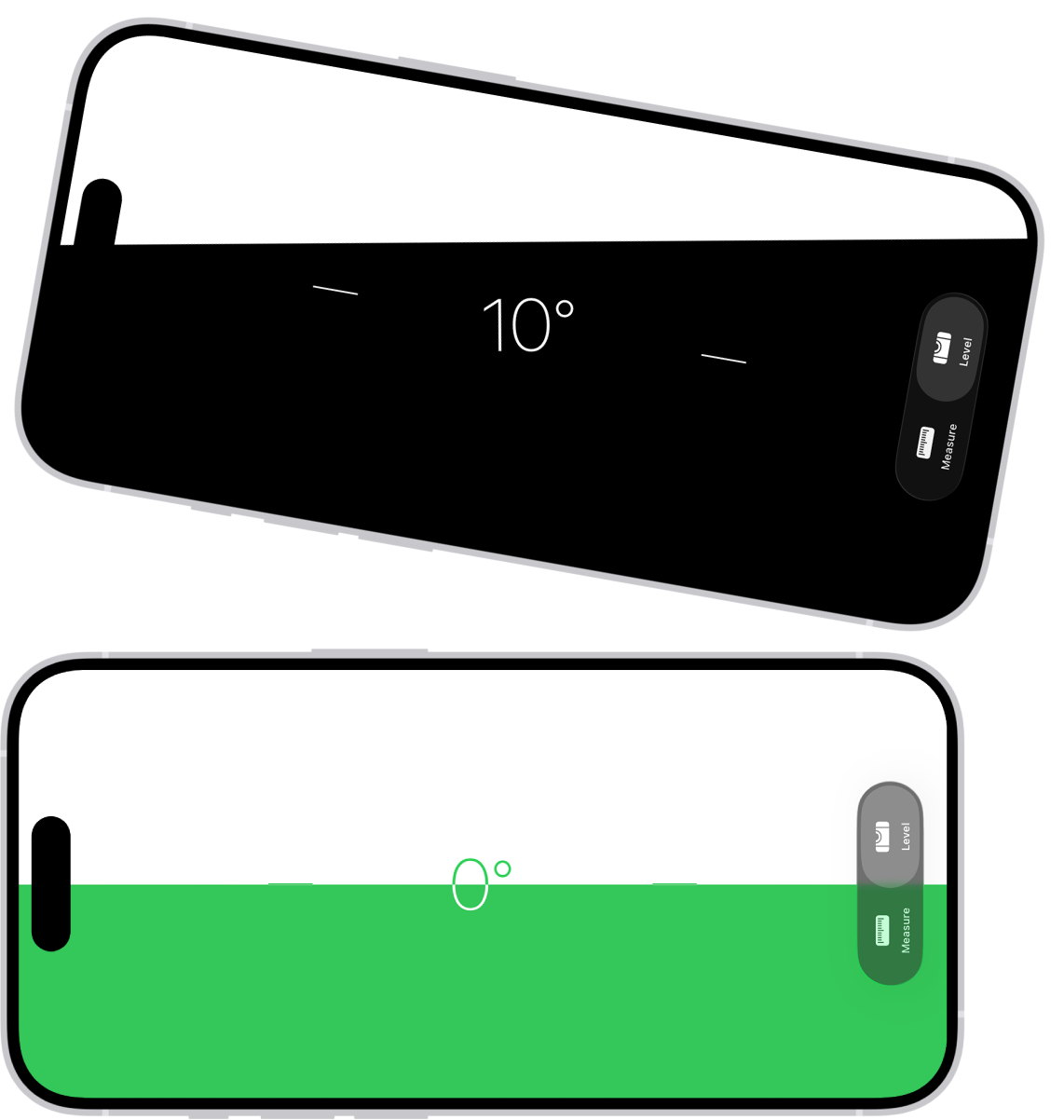 Der Bildschirm „Wasserwaage“ in der App „Maßband“. Oben ist das iPhone in einem Winkel von 10 Grad geneigt, unten ist es gerade ausgerichtet.