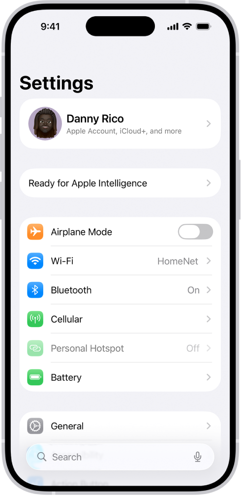 Der Bildschirm „Einstellungen“, der zeigt, dass das iPhone mit dem WLAN HomeNet verbunden ist.